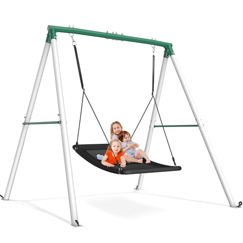 Trekassy Swing Sets for Backyard, 440lbs Heavy Duty A-Frame Metal Stand with 60" Large Platform Swing for Outdoor Playground Park（Black）(Patented)