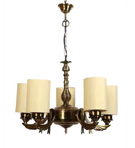 Image of Devansh 05-Light Conical Off-White Cotton Shade Chandelier - Antique Golden Finish | Adjustable Cord | Warm Glow Lamp - Ceiling Light for Living Room, Dining Area, Bedroom & Entryway Decor - D10