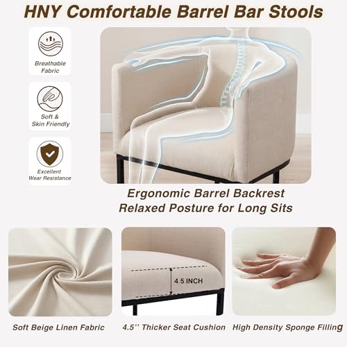 Image of HNY Cream Modern Barrel Counter Height Clearance Bar Stool, 32 Inch Linen Kitchen Barstool with Back for Island, with Black Metal Tubular Frame