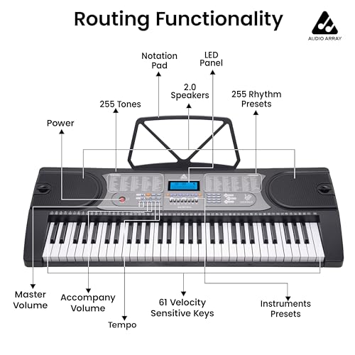 Image of Audio Array AK-61 Pro 61-Key Portable Electronic Keyboard with LCD Display, Built-in Speakers, Mic Input & Included Mics, 255 Timbres, 512 Rhythms, Battery & Adapter Powered