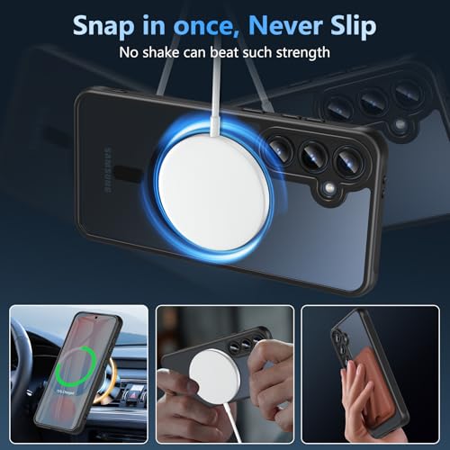 Image of OWKEY for Samsung Galaxy S24 FE Case 6.7'', Magnetic Galaxy S24 FE Case for Magsafe with Tempered Screen Protector [Shockproof Military] Translucent Matte Bumper Phone Cover Samsung S24 FE 5G, Black