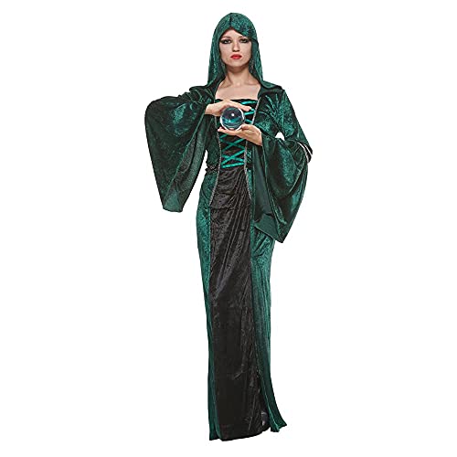 Eraspooky Women Sorceress Dress Hooded Halloween Witch Costume Medieval Renaissance Retro Gown #TOP2