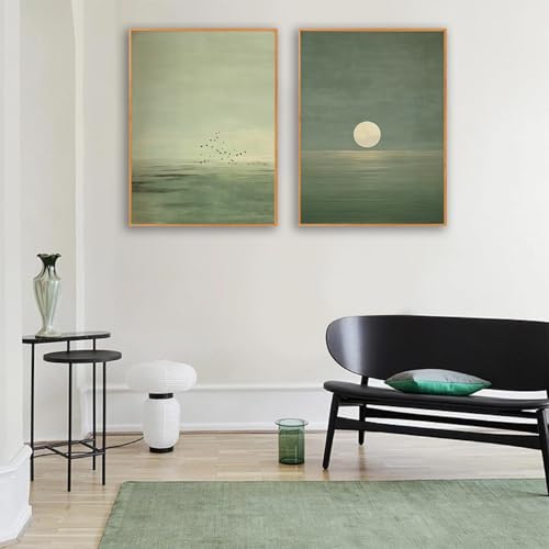 2Pcs Japanese Sage Green Wall Art Minimalist Moon and Bird 12X16in Unframed - image 6