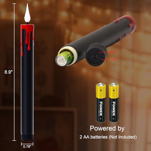 Image of GenSwin Halloween Black Taper Flameless Candles Battery Operated with Remote Timer, 4 Pcs Drip Wax Flameless LED Candle Sticks with 3D Flickering Flame for Window Fireplace Decor (0.78 x 8.9 inches)