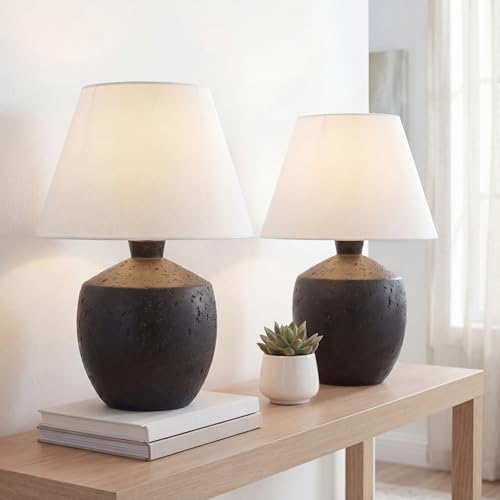 JONATHAN Y 18" Black Modern Concrete Effect Table Lamp Set of 2, Scandinavian Bedside Lamps for Bedroom Living Room, White Linen Shade, LED Bulbs Included (JYL5606B-SET2)