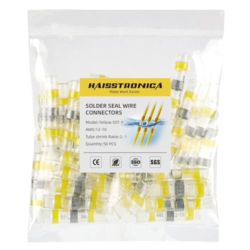 haisstronica 50PCS Solder Seal Wire Connectors, AWG 12-10 Yellow Sleeves