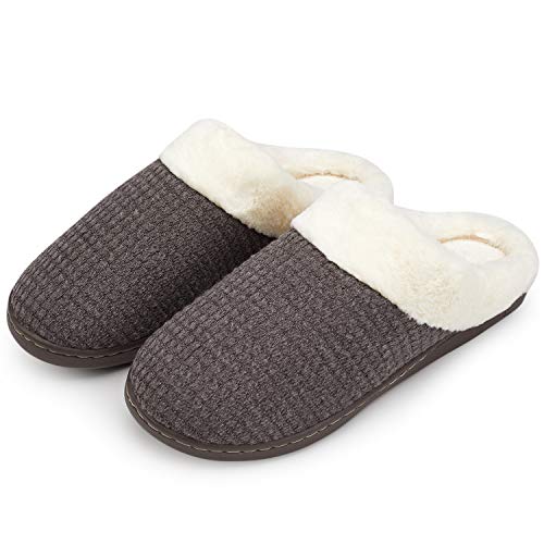 Zapatillas de punto de algodón para mujer, suaves espumas con memoria, cálidas lanas como felpa, para interior, antideslizantes, para el invierno, color Gris, talla 42/43 EU