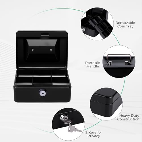 Image of Small Cash Box with Money Tray and Lock, Metal Cash Lock Box with Key, Petty Cash Box for Money 5.9 x 4.7 x 3.1 Inches Black