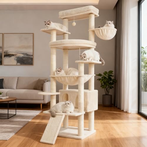 Heybly Tall Cat Tree for Large Cat, 80-inch Multi-Level Cat Tower for Indoor Cats with Large Baseboard, Condo Furniture with 2 Widened Plush Perches,Scratching Board and Big Caves, Beige HCT038M