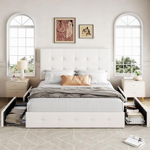 Image of Allewie Upholstered Full Size Platform Bed Frame with 4 Storage Drawers and Adjustable Headboard, Square Button Tufted, Wooden Slats Support, Noise-Free, No Box Spring Needed, Easy Assembly, White