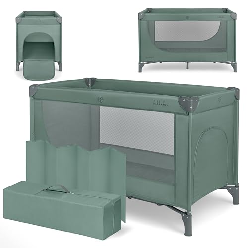 KikkaBoo Lit Parapluie Bébé Pliable Compact So Gifted, Lit de Voyage Léger 120x60 cm, Jusqu’à 15 kg, sans Matelas, Sac de Transport Inclus, Vert