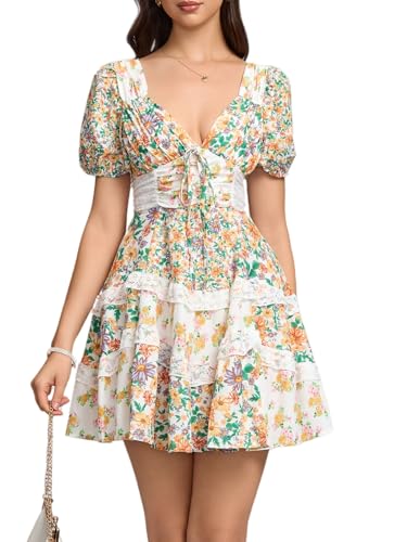 Image of hibshaby Women's Floral Patchwork Dress V Neck Lace Layered Ruffle Flowy Babydoll Dress Puff Sleeve Tiered Mini Sundress