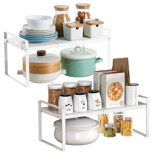AKOLAFE 2 piezas Organizador armario Cocina extensibles de 35-65 cm Estanteria Cocina de metal almacenaje cocina organizador especias cocina para Baño, Oficina, Encimera, aparador (Blanco)
