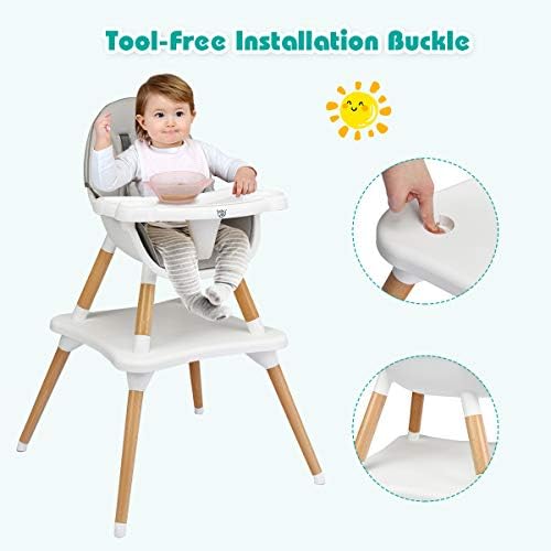 COSTWAY 4 in 1 Convertible High Chair, Multi-Functional Dining Highchair with Adjustable Legs, Detachable 4-Position Tray, 5-Point Seat Belt, Wooden Feeding Chair for Baby, Infants, Toddlers (Gray)