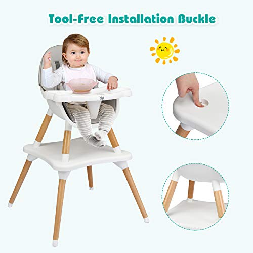 Baby Joy 5 In 1 High Chair, Convertible High Chairs For Babies And Toddlers/Booster Seat/Table And Chair Set, Infant Wooden Highchair W/ 5-Point Harness, 4-Position Removable Tray & Pu Cushion, Gray #TOP7