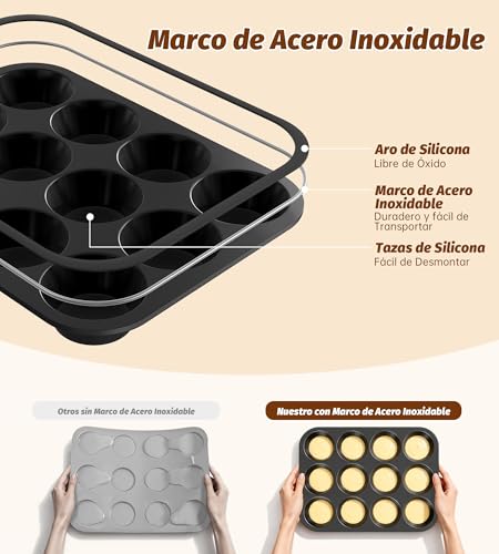 Miniatura 6 de Ankway Molde Magdalenas Para 12 Magdalenas, Bandejas Para Hornear Muffin Con Marco De Metal Para Muffins, Cupcake, Brownie, Pudín, Reutilizables Negro