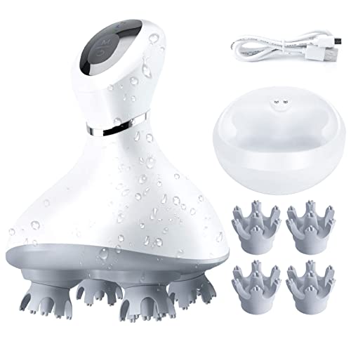 Electric Scalp Massager, Head Massager with 4 Removable Fingers Attachments, Waterproof Portable Neck Massager for Head Scalp Cleansing, Relaxing