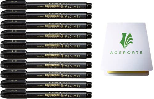 Zebra Fude Sign Brush Pen Medium (WF3), Calligraphy Pen for Art Drawings, Manga Illustration, Water-Resistant Black Ink, Pack of 10 & Original Sticky notes
