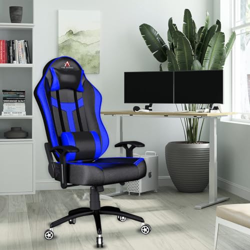 Image of ASE GAMING Ranger Series Ergonomic Gaming Chair Premium PU Leather, Adjustable Neck & Lumbar Pillow, 180 Degree Recline with Black Metal Base (Blue)