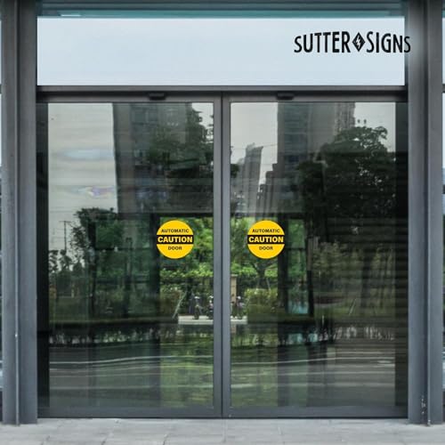2pk Caution Automatic Door Stickers | Double Sided Signs for Sliding Glass Doors | Weatherproof Vinyl Safety Screen Door Decals, 6\" Diameter