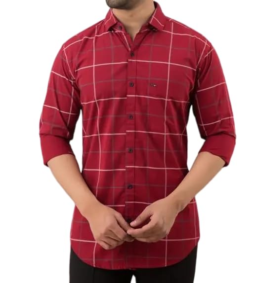 Image of Mahima Ethnic Centre's Men's Checkered Cotton Blend Long Sleeve Button Down Casual Plaid Shirt