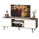 WLIVE Mid-Century Modern TV Stand for 55 60 65 Inch TV, Entertainment Center with Storage & Adjustable Shelves, Media TV Console with Soft-Close Cabinets for Living Room Bedroom, Greige White