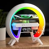 Lámpara de ambiente con cargador inalámbrico de 15 W, reloj despertador LED, lámpara de mesa inteligente con altavoz Bluetooth, luces iridiscentes para adultos, niños, oficina, dormitorio, regalo