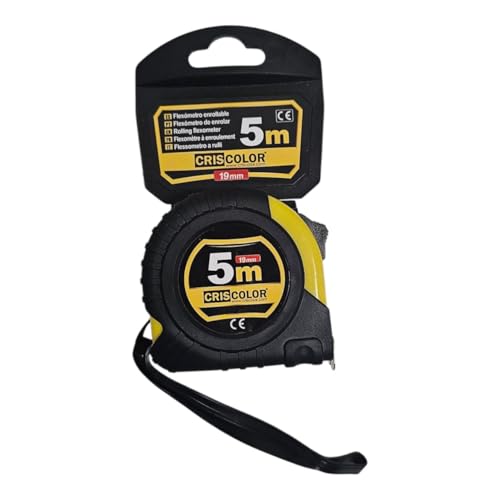 CrisColor - Flexómetro enrollable Profesional de 5 Metros, Cinta Métrica con cierre automático, escala Métrico precisión MID, 5 m (Paquete de 1), Negro, Amarillo