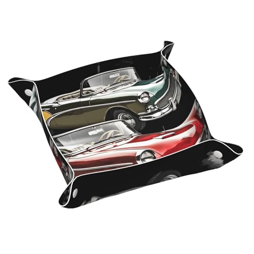 PU Leather Jewelry Valet Tray for Men Women, Elegant Desktop Storage Organizer, Portable Travel Storage Dish Plate Classic Car Roadsters Old Fashioned Nightstand Storage Box for Key Phone Wallet S