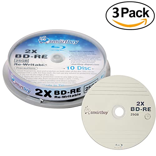 Image of 30 Pack Smartbuy 2X 25GB Blue Blu-ray BD-RE Rewritable Branded Logo Blank Bluray Disc