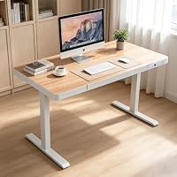 Electric Standing Desk with Drawer, USB & Type-C Charging Ports, 120 x 60 cm One-Piece Desktop, Height Adjustable Sit Stand Desk with 4 Memory Presets, Ergonomic Home Office Computer Desk Natural Wood