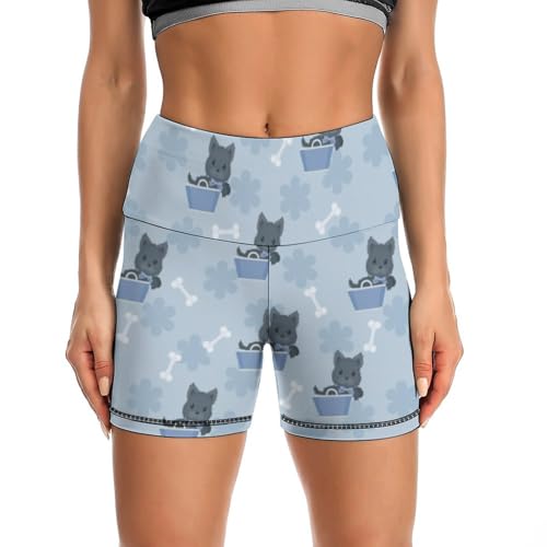 Cute Animal of Scottie Dog Pattern High Waist Yoga Shorts for Women Athletic Shorts Leggings Running Pants Black