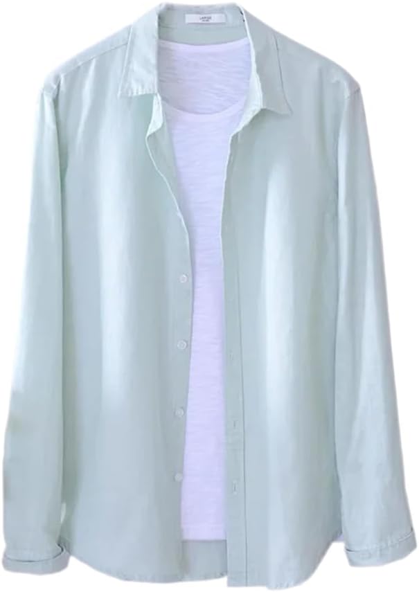 LIXINGHEITANG Spring Autumn Men' Shirts Lapel Casual Long-Sleeved Cotton and Linen Loose Breathable