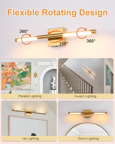 Image of TODOLUZ 24-Inch 5CCT LED Bathroom Vanity Light Fixtures, 12W Brushed Brass Wall Sconce Lighting Over Mirror with Adjustable Lamp Tube, 2700K-5500K