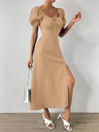 Image of Shasmi Women's & Girl's Tie Front Split Thigh Milkmaid Maxi Dress - Square Neck Puff Sleeve A-Line Long Dress, Elegant Casual & Parties Wear for Ledies (Dress 245)