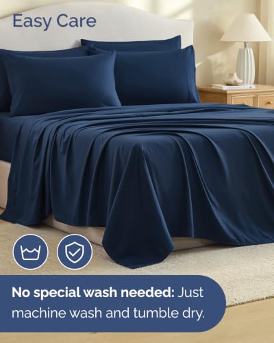 Image of Queen 6 Piece Bed Sheet Set - Soft, Breathable & Cooling Sheets - Dark Blue