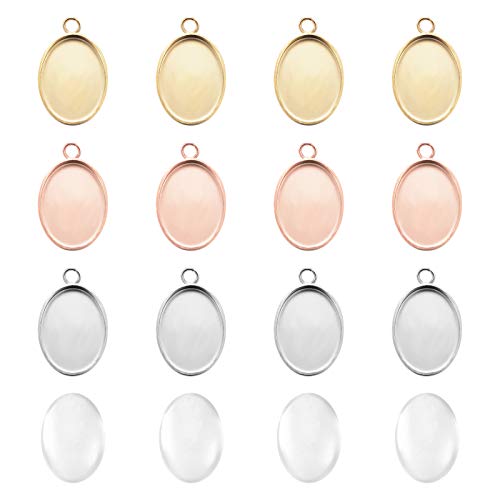 UNICRAFTALE About 30 Sets 3 Colors 304 Stainless Steel Oval Blank Bezel Pendant Set including 18x13mm Glass Cabochons Trays Base Pendant Cabochon Settings for Jewelry Making DIY Findings