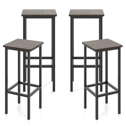 Image of COSTWAY Industrial Bar Stools Set of 4, 26 inch Backless Square Breakfast Bar Chairs with Metal Frame and Footrest, Counter Height Stools for Kitchen Island Dining Room Living Room, Grey