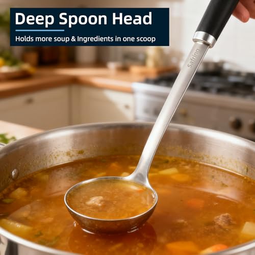 Safring Stainless Steel Soup Ladle and Spaghetti Spoon Set, Heat Resistant Rubber Handle, Dishwasher Safe, Kitchen Utensils for Cooking, Stirring, Serving Pasta, Soup & Sauce - Image 6