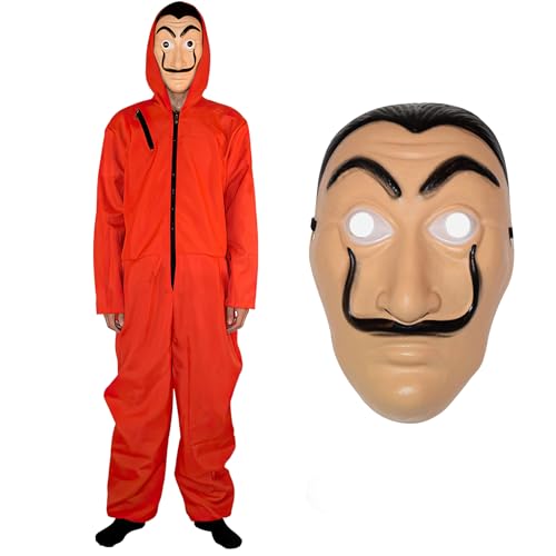 Maazusa Bank Robber Jumpsuit for Adult 2 Pcs Thief Prisoner Costume Red Jumpsuit Mask Robbers Cosplay Fancy Dress Costumes for Cosplay Theme Party (Adult, L)
