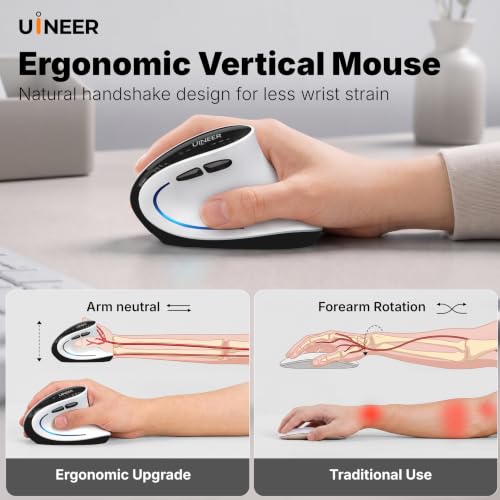 Uineer Ergonomic Wireless Vertical Mouse, 3-Mode Bluetooth 5.0/4.0 & 2.4GHz | Rechargeable, USB-A Receiver, Silent Computer Mouse for Laptop, Mac, iPad and PC, 4 DPI Levels, LED Light, 3-Device Switching - image 3