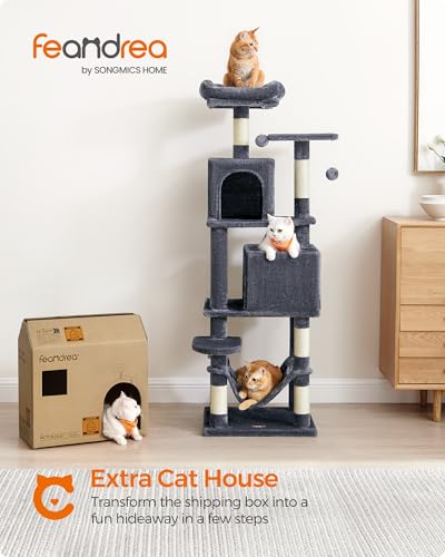 Image of Feandrea Cat Tree, 59.5-Inch Tall Cat Tower, Plush Multi-Level Condo with 5 Scratching Posts, 2 Perches, 2 Caves, Hammock, 2 Pompoms, Smoky Gray UPCT192G01