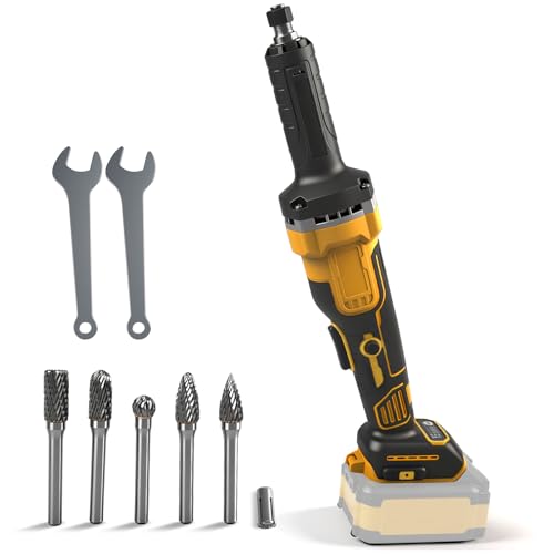 Cordless Die Grinder Compatible with Dewalt 20V Battery, Brushless Grinder with 6mm Carbide Burr 4 Variable Speeds, Max 24000 RPM for Rust Removal Grinding Polishing Deburring (Yellow+5 Drill)