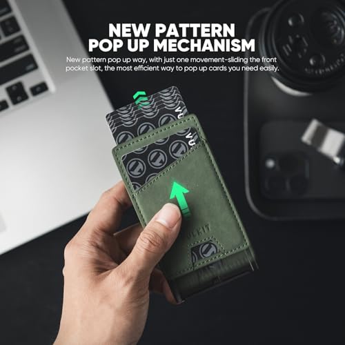 VULKIT Credit Card Holder with Money Pocket Pop up Wallet Metal Card Case RFID Blocking for Airtag, Coins and Cash Green3