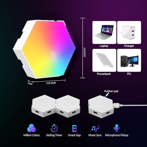 Image of STONEBROOK Smart RGB + IC Hexagon Light Panels, DIY Wall Lights with Music Sync, Alexa & Google Assistant, Wi-Fi App Control,Gaming Lights for Gaming Setup, Gaming & Bedroom Decor (10-Pack)