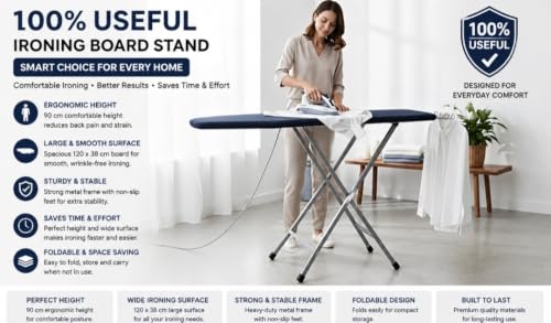 Image of SD STANDLONE Premium Foldable Ironing Board with Iron Rest & Adjustable Height | Heavy-Duty Steel Frame | Heat-Resistant Padded Cover | Stable Non-Slip Legs | Space-Saving Design for Home Use