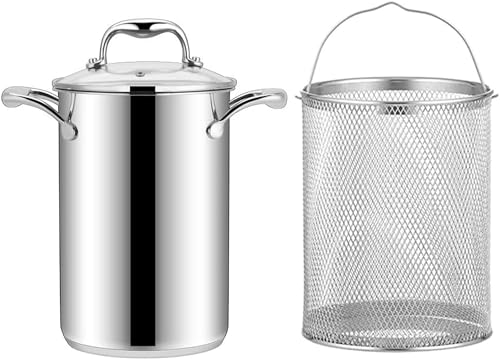 WQZStar 304 Stainless Steel Asparagus Pot Vegetable Steamer Spaghetti Pasta Cooker Stovetop Oil Deep Fry Pan with Basket and Lid for Home Kitchen Restaurant 4L