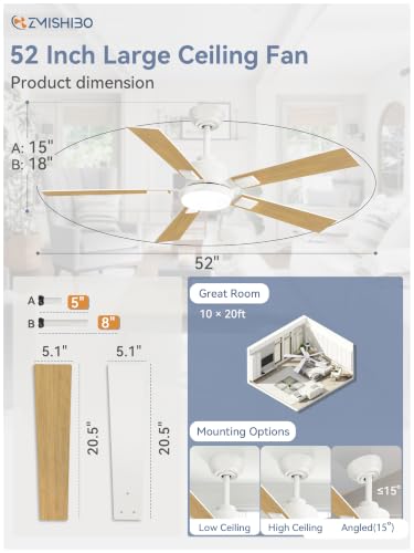 Image of ZMISHIBO 52 inch White Ceiling Fans with Lights and Remote, Indoor /Outdoor Modern Ceiling Fan for Bedroom Living Room Patio, 6 Speed Reversible Quiet DC Motor, 3 CCT, Dual Finish Blades