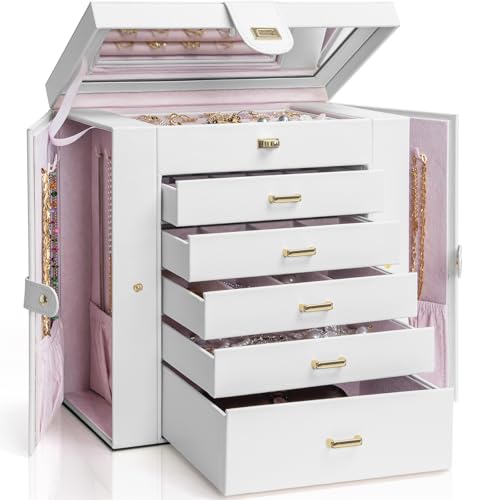 AKOZLIN Organizador grande de joyería funcional enorme con cerradura, caja de almacenamiento de joyas de cuero, color blanco