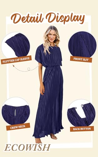 Image of CCTOO Womens Summer Maxi Dresses: Casual Short Sleeve Crewneck Slit Sundress Ruffle Pleated Long Flowy Party Cocktail Dress